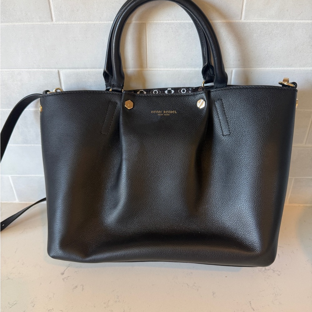 henri bendel Black Pebbled Leather Tote with Gold Accents and matching pouch